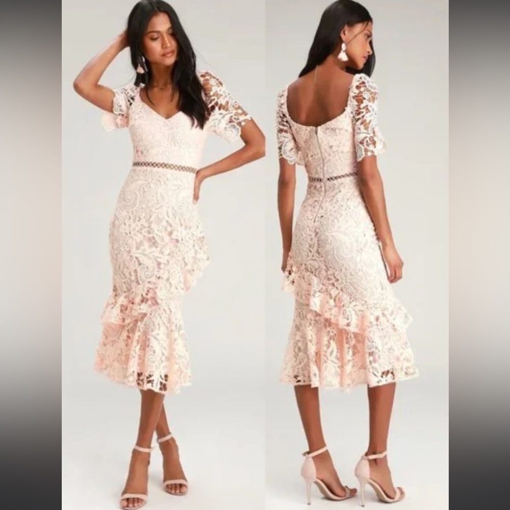 Lulus Blush Pink Lace Ruffled Midi Dress